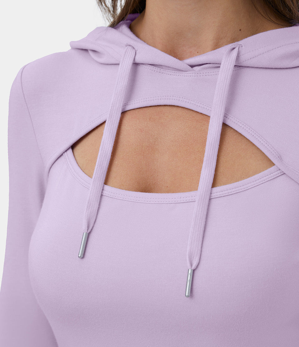 Hooded Drawstring Cut Out Cropped Casual Hoodie Sweatshirt