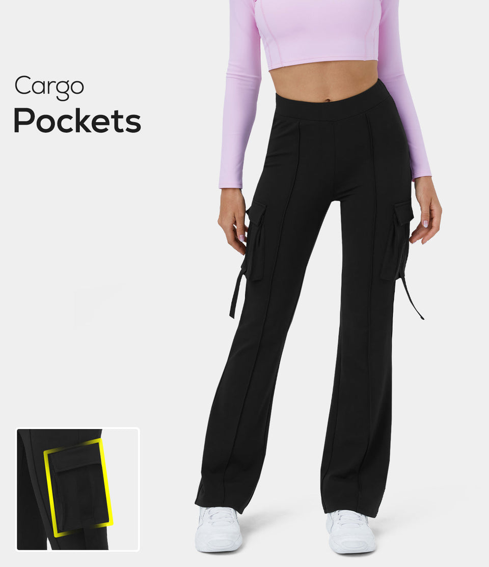 High Waisted Side Flap Pocket Cargo Flare Casual Leggings
