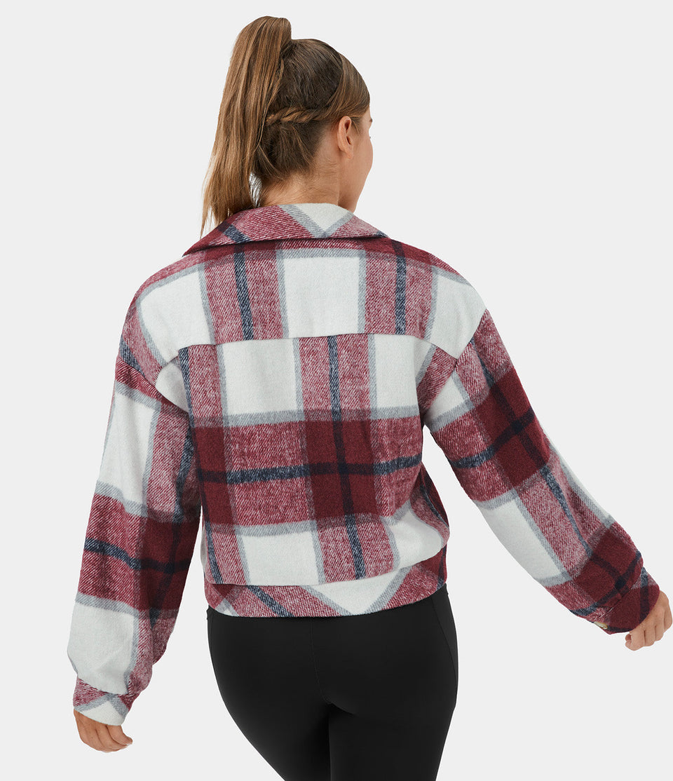 Collared Button Plaid Cropped Casual Jacket